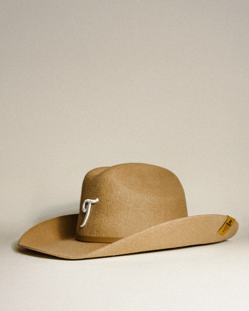 Teddy Headwear Texas embroidered monogram 100% wool Cowboy Hat, traditional Western cowboy hat silhouette for unisex in premium cream or brown wool colors with adjustable and breathable sweatband. 