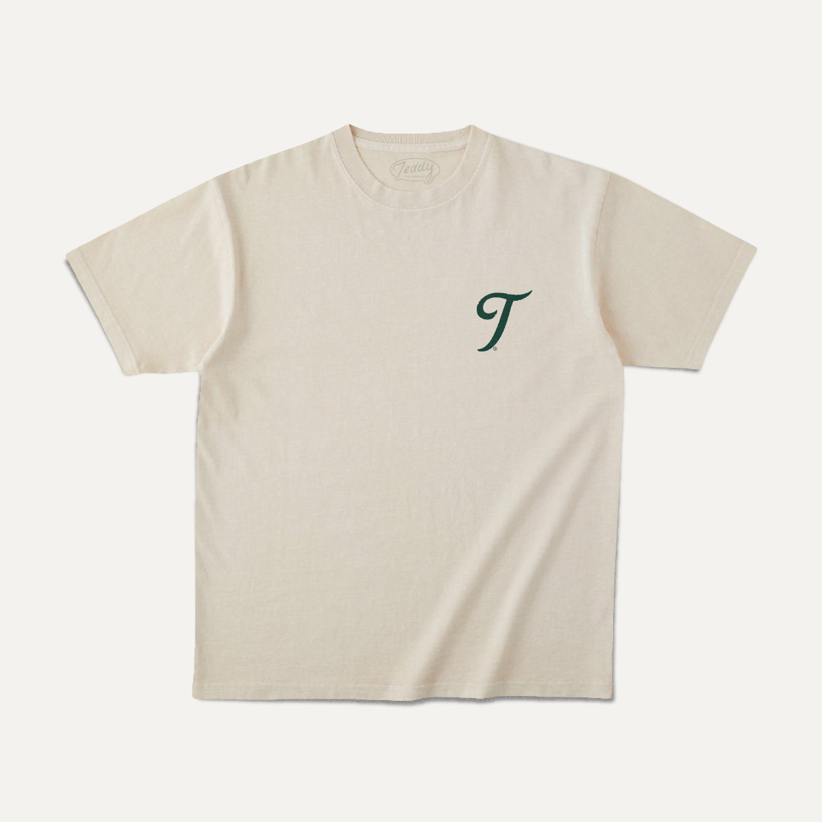 Teddy Headwear front pocket area graphic short sleeve crew neck t shirt, 100% recycled cotton with oversized distressed graphic on the back.