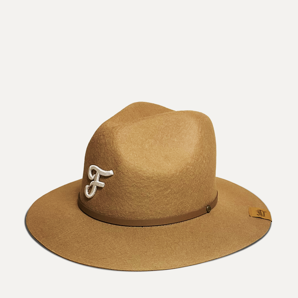 Teddy Headwear Florida embroidered classic fedora detail of exterior woven label on brim of 100% Wool hat, fine crafted and designed in America.