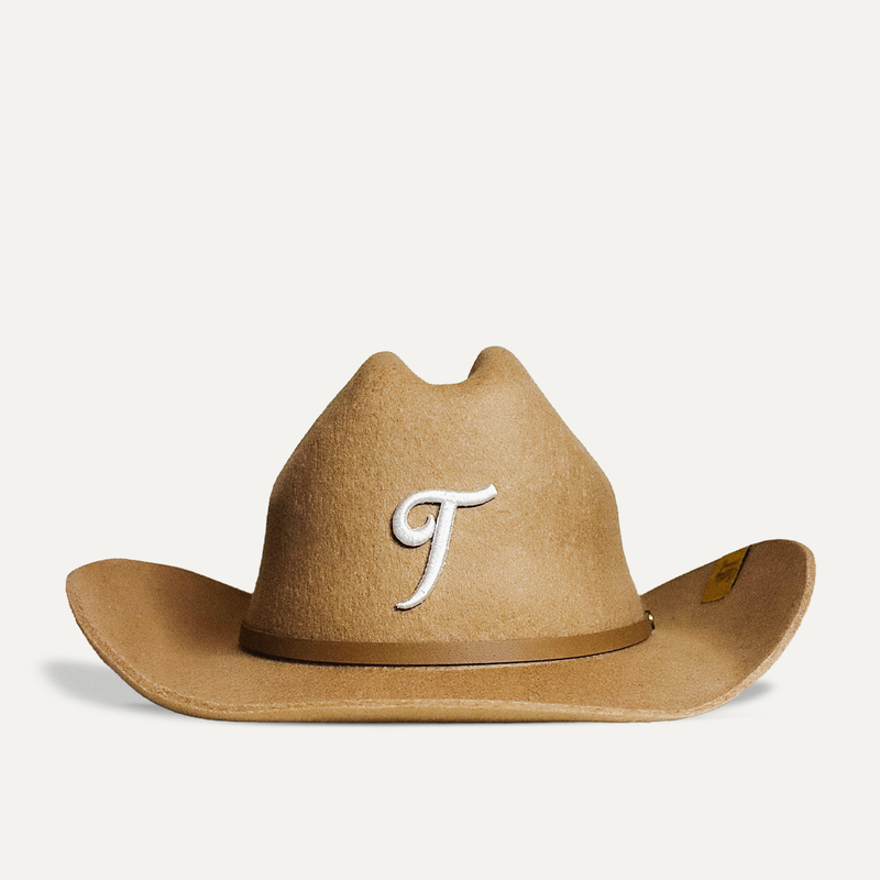 Teddy Headwear Texas monogram 100% wool Cowboy Hat, traditional Western cowboy hat silhouette for unisex in premium cream or brown wool colors, featuring white T embroidery and leather hat adjustable band.