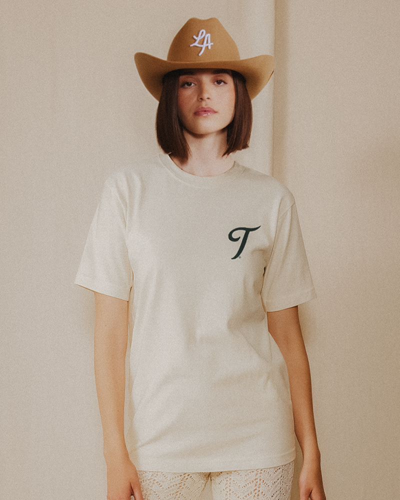 Teddy Headwear cream unisex s/s crew neck t shirt for men and women made in america of sustainable 100% recycled cotton.