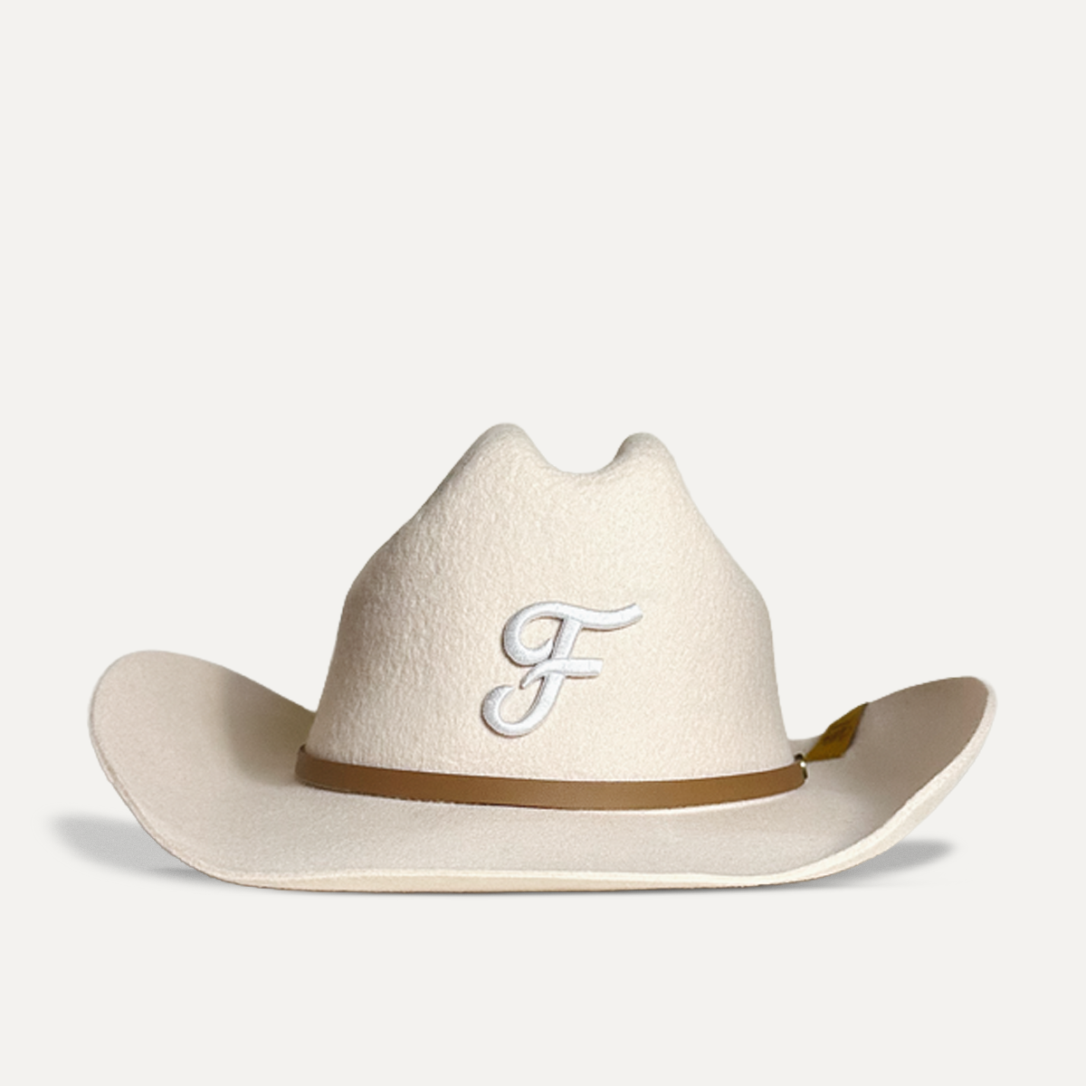 Teddy Headwear South Florida F embroidered monogram 100% wool Cowboy Hat, traditional Western cowboy hat silhouette for unisex in premium cream or brown wool colors with adjustable and breathable sweatband. 